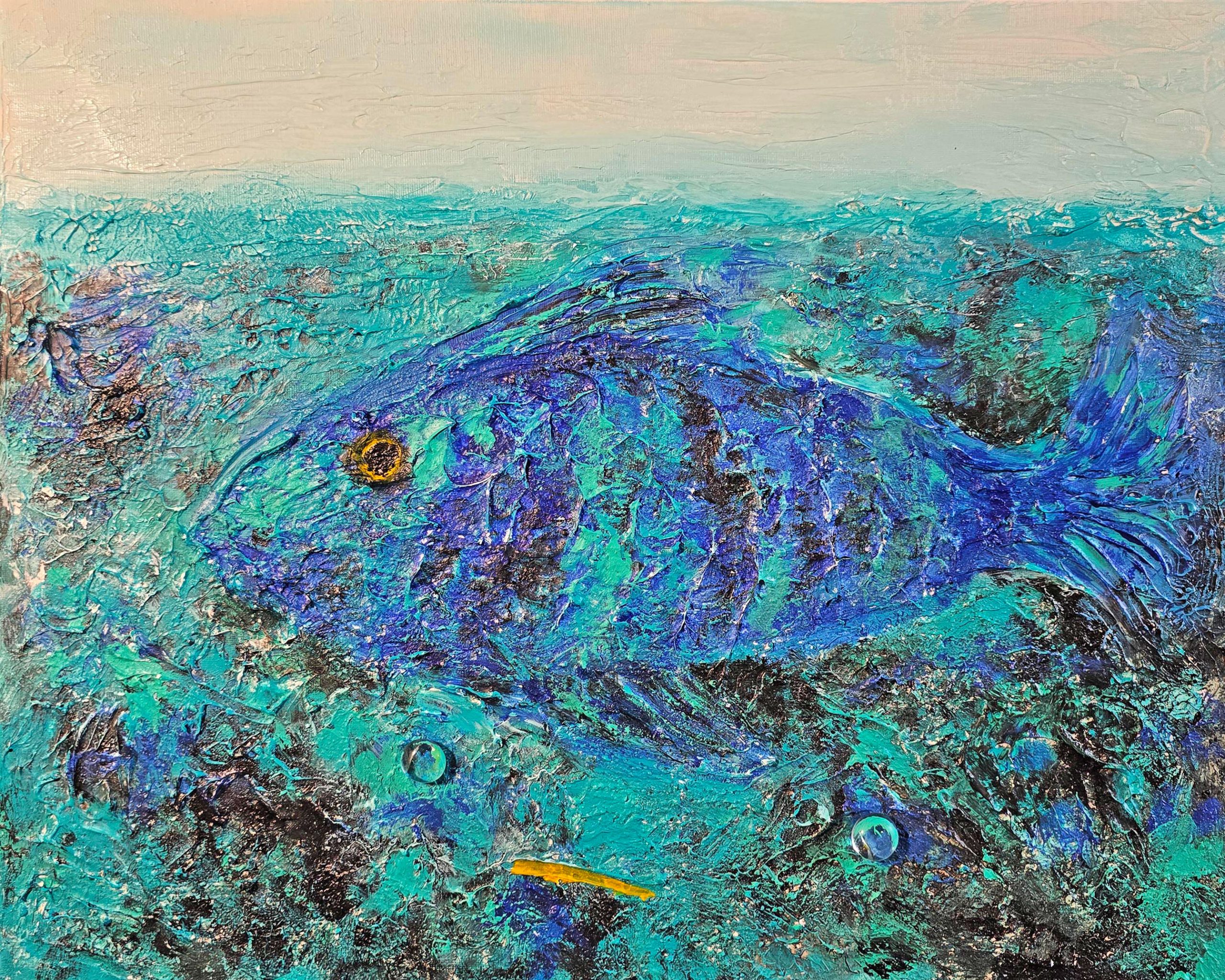 37 Blue Fish mixed media canvas