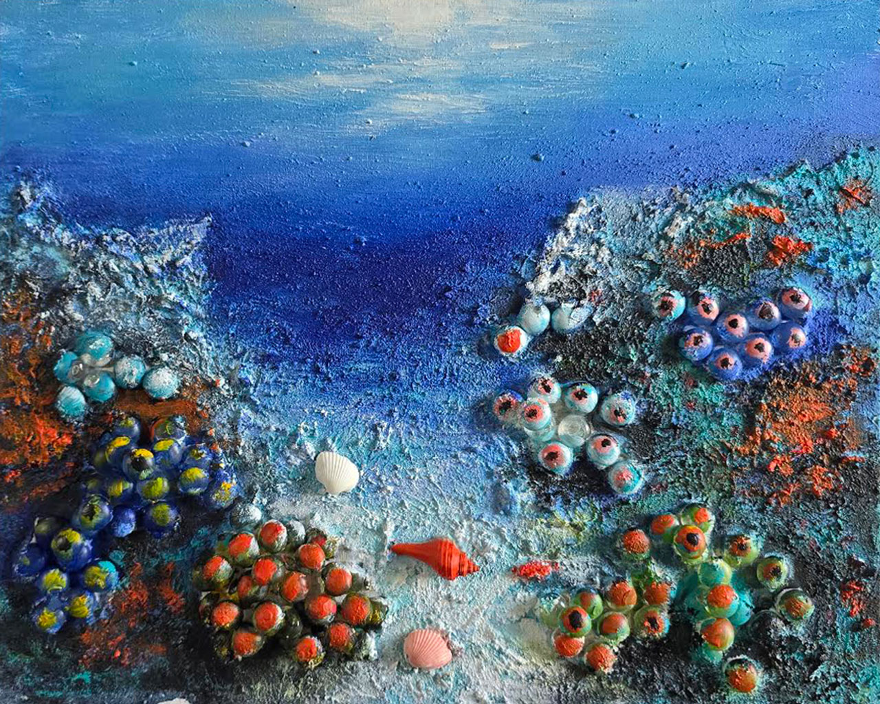 55 Colorful mixed media collage shells on canvas